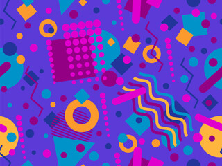 Geometric seamless pattern with memphis elements in 80s style. Colorful geometric pattern. Design of promotional products, wrapping paper and printing. Vector illustration