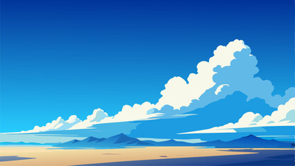 A desert landscape painting with mountains and clouds in the sky