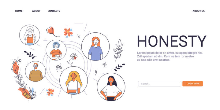 Honesty Mental Health Concept diverse people in circles surrounded by leaves and flowers on white background website design