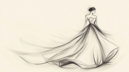A minimalistic fashion design sketch featuring a flowing evening gown on a light solid color background