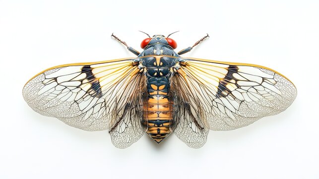 Close-up of a detailed cicada insect with wings spread, highlighting intricate wing patterns