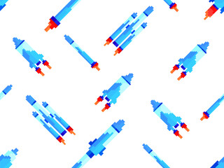 Pixel spaceships seamless pattern. Space rockets in 8-bit retro graphic style of the 80s. Spaceships in pixel art style. Design for banners, app and printed products. Vector illustration