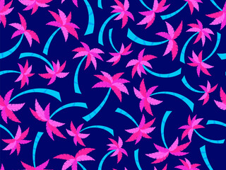 Seamless pattern with colorful palm trees. Summer time, wallpaper with tropical palm trees pattern. Design for printing t-shirts, banners and promotional items. Vector illustration