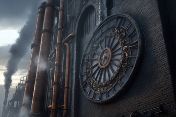 A large side view of a steampunk-style building showcasing an enormous clock adorned with intricate gears, all surrounded by towering metal chimneys emitting smoke.