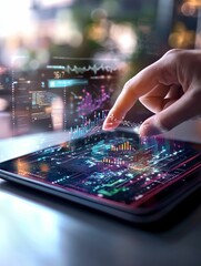 Close-up of a finger interacting with a holographic data visualization displayed on a tablet in a futuristic tech environment, emphasizing advanced digital technology and innovation.