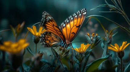  A tight shot of a butterfly atop a plant, adorned with yellow blooms in the near view; backdrop softly blurred