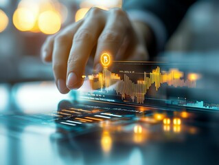 Close-up of a hand interacting with financial data graphs on a futuristic digital interface in a modern office setting, highlighting advanced financial technology.