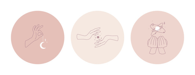 Woman hand logo with star, moon, sun and planets in line style. Abstract minimal female symbol for beauty design. Concept of Astrology. Magic astrology card illustration. Flat vector minimalism design