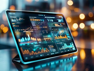 Close-up of an advanced data analytics dashboard displayed on a tablet in a modern tech environment, highlighting real-time metrics and digital technology.
