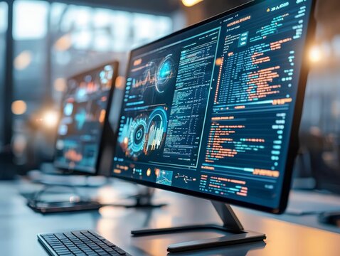 Close-up of multiple monitors displaying data analytics and code in a high-tech office environment, emphasizing digital operations and advanced technology.