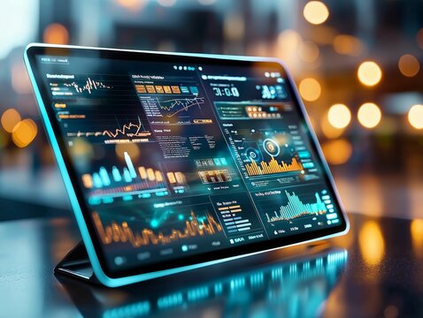 Close-up of an advanced data analytics dashboard displayed on a tablet in a modern tech environment, highlighting real-time metrics and digital technology.