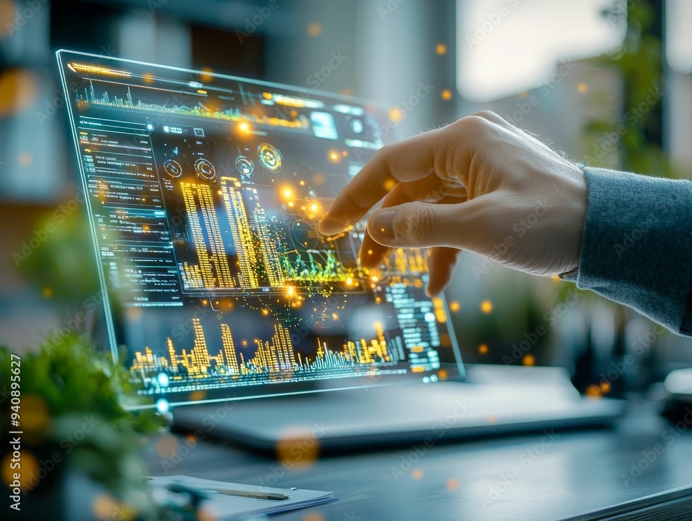 Wall mural close-up of a hand interacting with an advanced holographic data interface displaying financial anal