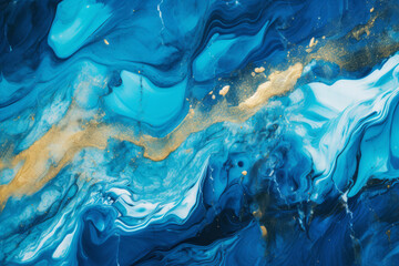 Processed collage of luxurious ocean blue and gold ink marble texture. Background for banner