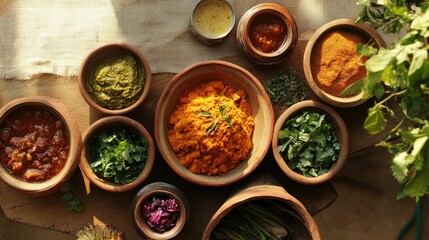 A beautifully composed top view of Indian cuisine, highlighting the diversity and richness of flavors on a traditional table.