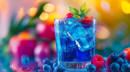 Refreshing Blue Cocktail with Ice and Red Fruits in Blurred Background