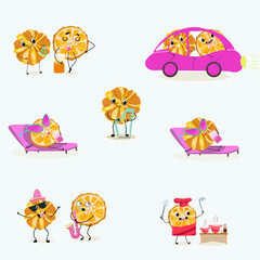 Fototapeta premium Orange Citrus, aurantium, Corrugato, funny characters fruits. Citrus aurantium Corrugato or bitter orange or bitter mandarin, pomeranian fruit. Hand drawn vector illustration.