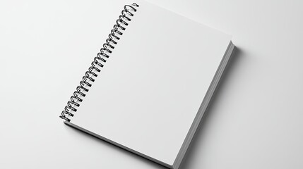 A blank white spiral notebook placed on a minimalist table, awaiting creativity, with a clean, modern aesthetic.