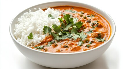 A bowl of spicy Indian curry served with rice and garnished with fresh herbs on a white background.