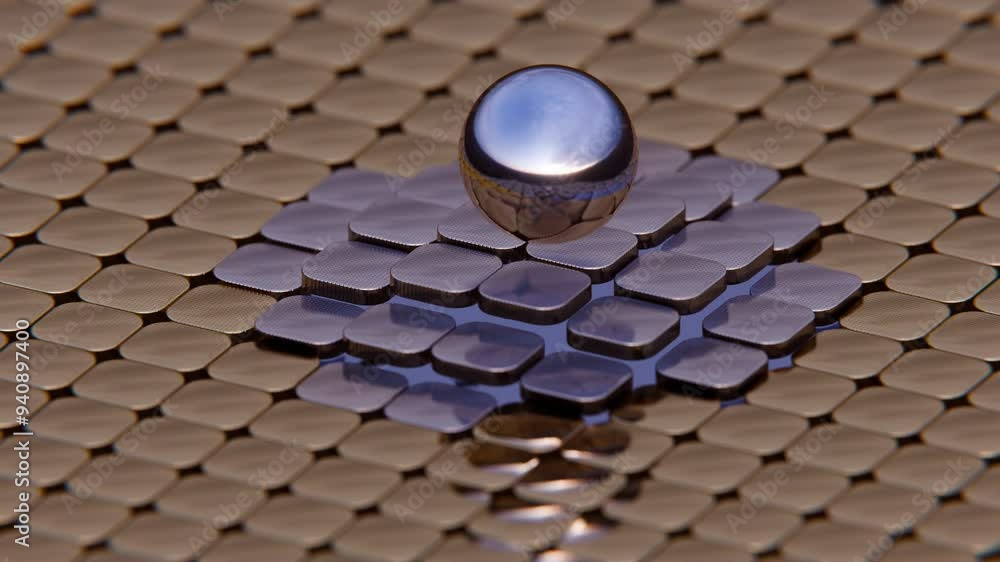 Poster metallic sphere on textured tile surface reflecting light in a futuristic design