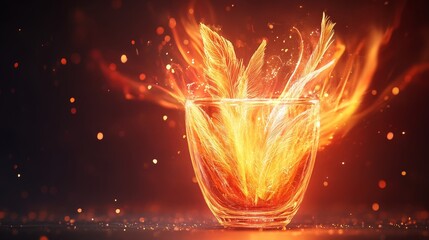 Mythical vase, crafted from ethereal phoenix feathers, with blazing flames as the floral arrangement, surreal, vibrant fantasy detail