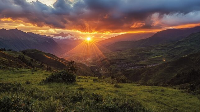 A breathtaking sunset over Coroico Valley, highlighting the lush, rugged terrain typical of Bolivian mountain landscapes.