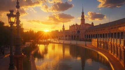 Naklejka premium A breathtaking sunset over Plaza de Espas in Seville, where warm hues reflect off the historic architecture and serene canals.