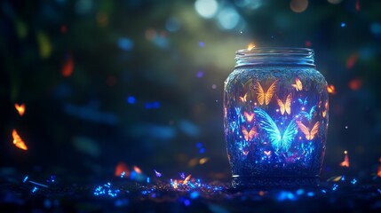 Ornate vase encircled by tiny, mythical creatures with vibrant wings, nestled in a forest clearing bathed in twilight