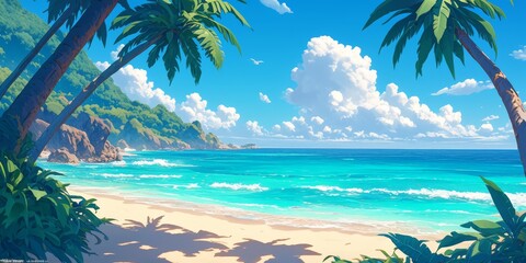 Dreamy Lofi Retrowave Tropical Paradise: Vibrant Sunset Beach Scene with Abstract Clouds and Tranquil Ocean. Retro-Futuristic Aesthetic for Marketing Campaigns, Website Backgrounds, and Nostalgic Digi