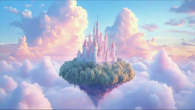 A castle is floating in the sky with clouds surrounding it 4K motion