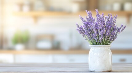 Rustic ceramic vase, full of purple lavender blooms, placed on a farmhouse kitchen counter with a backdrop of whitewashed walls and wooden accents
