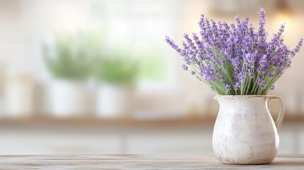 Rustic ceramic vase, full of purple lavender blooms, placed on a farmhouse kitchen counter with a backdrop of whitewashed walls and wooden accents