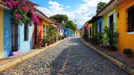 Fototapeta premium A charming colonial street lined with colorful houses and cobblestones, exuding history and vibrant energy.