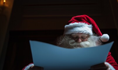 Naklejka premium Santa Claus reading a wish list written by kids in a dimly lit room, preparing for Christmas, ideal for holiday-themed storytelling, festive decorations, and seasonal promotions