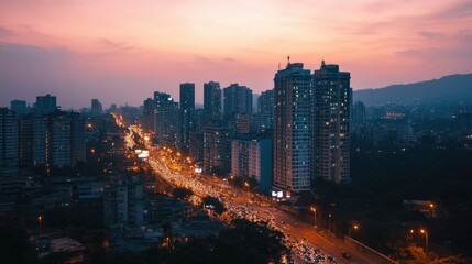 Obraz premium A cityscape of a modern Indian metropolis at dusk, with tall buildings, traffic, and illuminated streets.