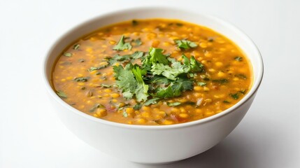 A close-up of a bowl filled with traditional Indian dal, served on a plain white background.