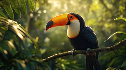 Obraz premium A close-up of a toucan on a branch, showcasing its striking colors against the backdrop of the jungle.