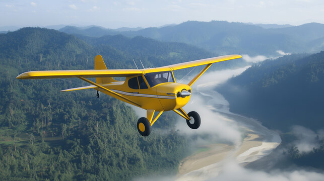 A yellow plane is flying over a mountain range