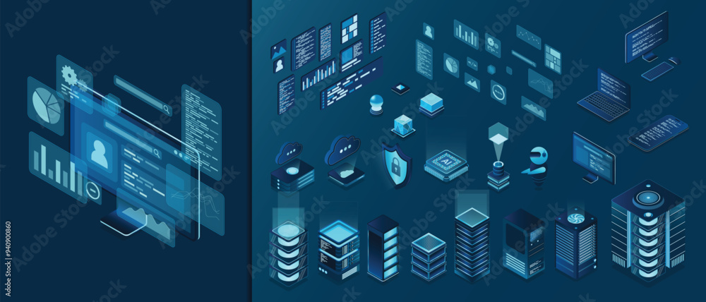 Poster set of isometric computer technology. isometric set server equipment. technology isometric icons. di