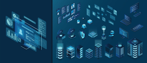 Set of isometric computer technology. Isometric set server equipment. Technology isometric icons. Digital technology items. Vector illustration