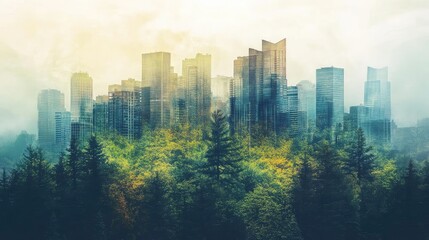 A misty urban landscape merging with lush greenery, showcasing the harmony between nature and modern architecture.