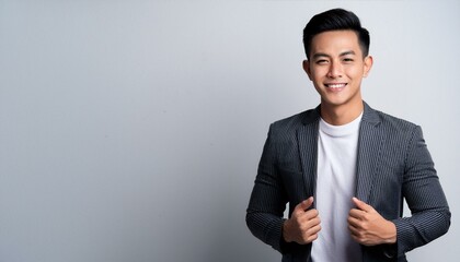 An Asian businessman with a smile, against a background of white walls.