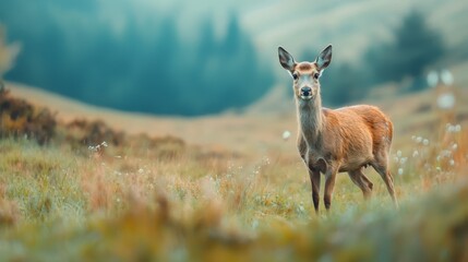 Obraz premium A deer in a grassy field amidst mountains and trees behind