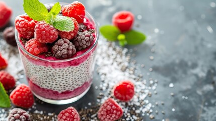 Delicious chia seed pudding topped with fresh raspberries and mint leaves for a healthy, vibrant dessert.