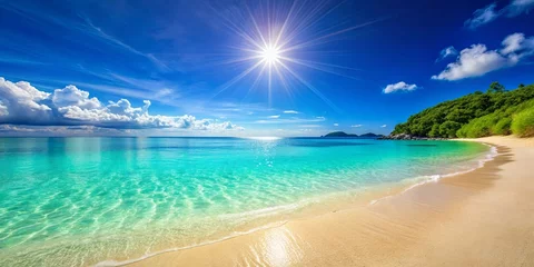 Tableau sur plexiglas Plage et Mer Tropical beach with golden sand, crystal clear turquoise water, and radiant sun overhead, beach, tropical  © Ole Studio