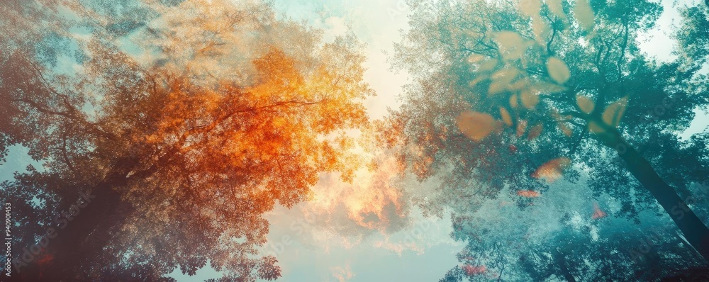 Poster Beautiful trees with vibrant autumn leaves under a sky filled with soft clouds, creating a serene nature scene.