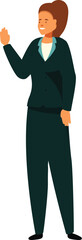 Businesswoman in a pantsuit is waving with a smile on her face