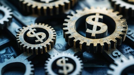 Close-up of interlocking gears with dollar symbols, representing financial mechanisms and the economy.