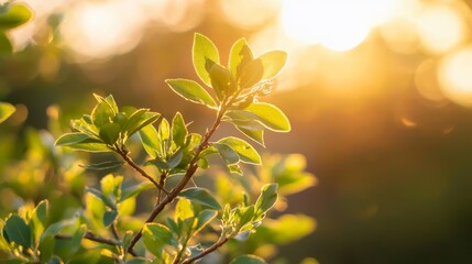 Obraz premium A tight shot of a green leafy plant, sun rays filtering through nearby trees