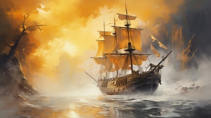 Obraz premium An epic sailing ship navigates through golden mist, creating a stunning scene of adventure and mystery on the open sea.