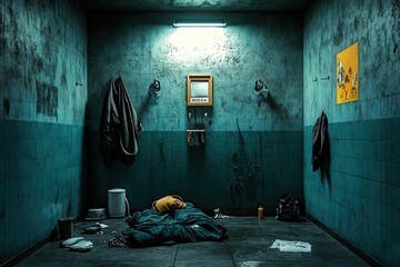 A dark, dingy space with bedding and various items arranged haphazardly, emphasizing the stark living conditions and resourcefulness in an urban environment.